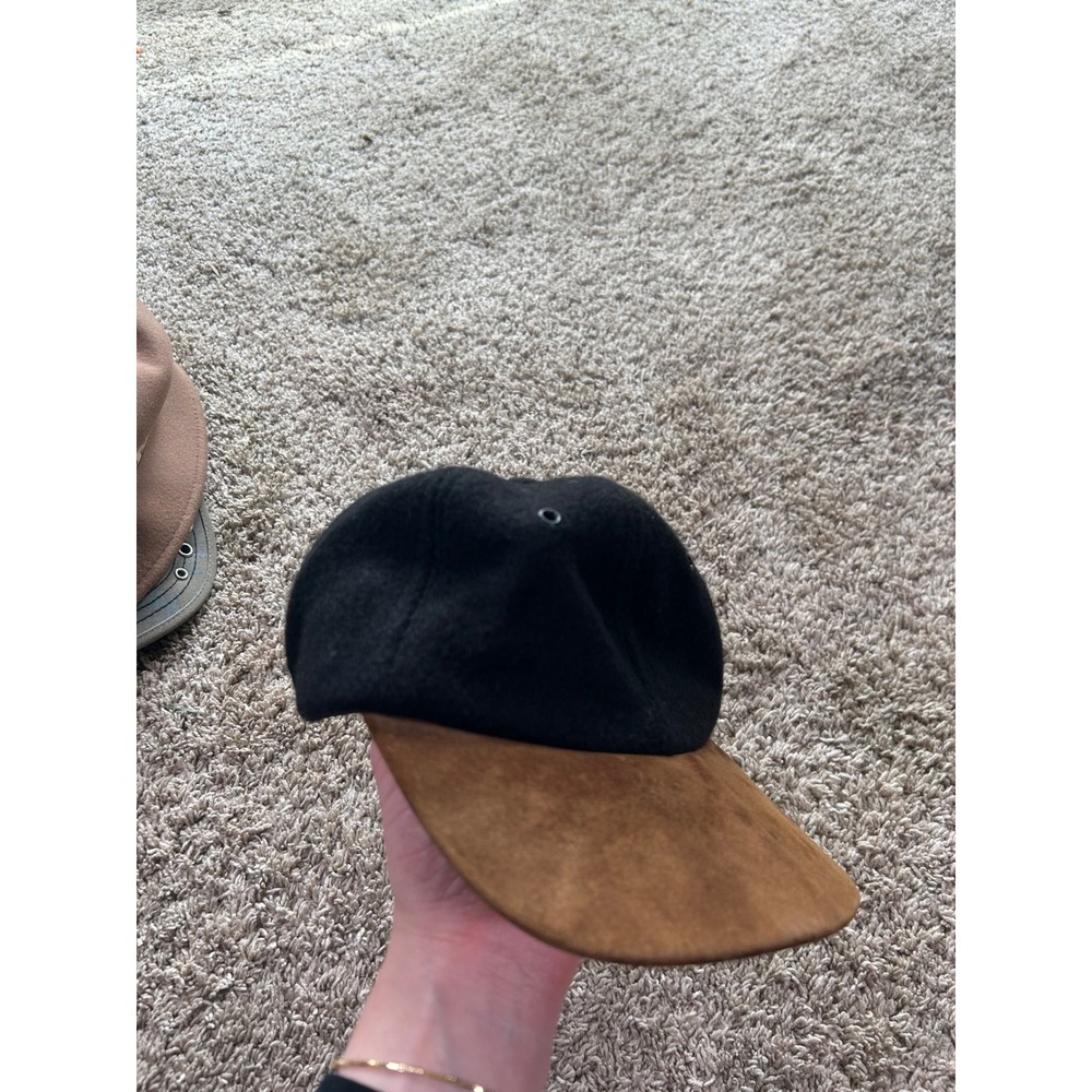 Vintage Black Wool Genuine Brown Suede Leather Brim Strapback Hat One Size - Picture 4 of 8